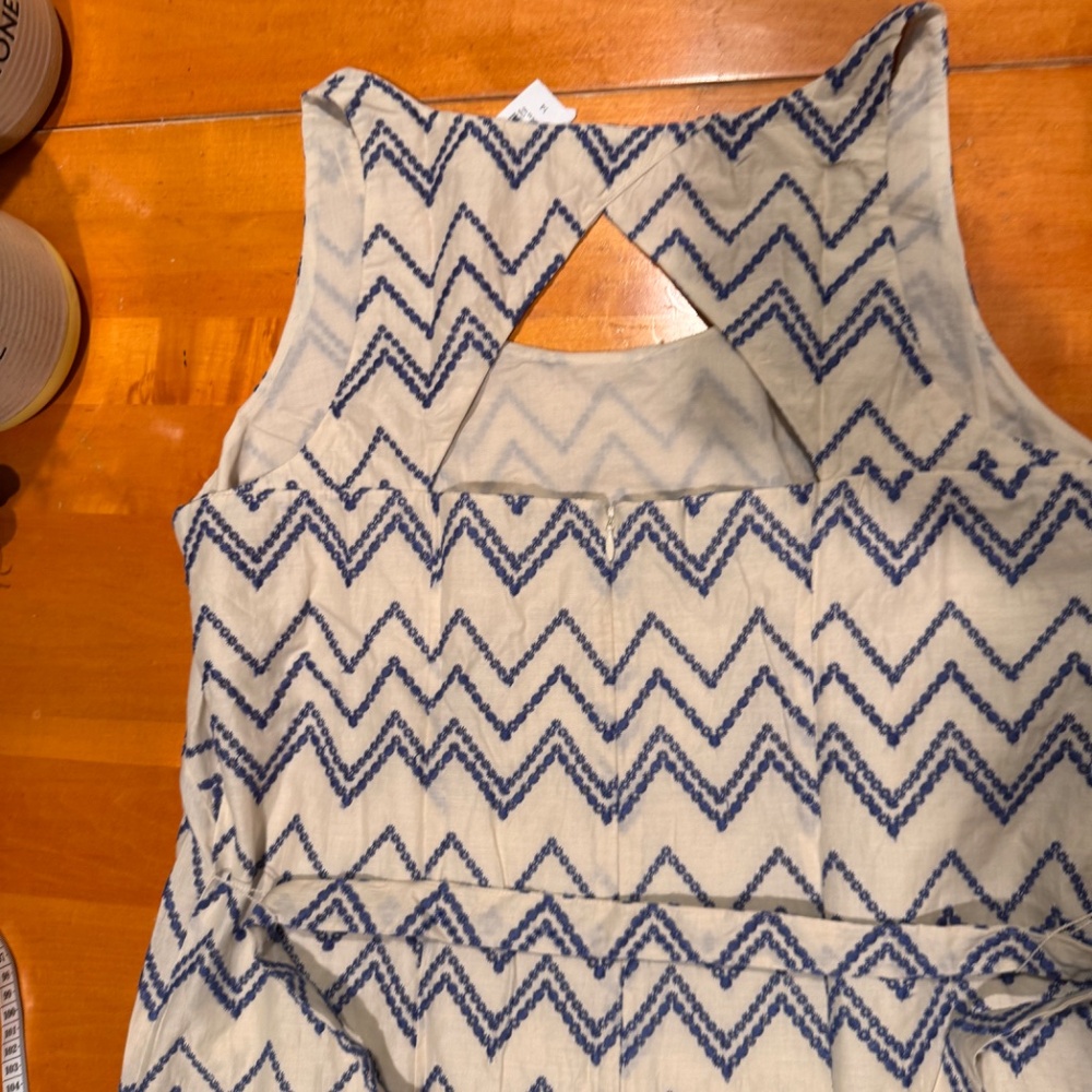 LOFT Blue Embroidered Chevron Cotton Midi Dress Size 14 NWT Tie Waist - Picture 3 of 6